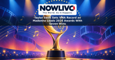 Illustrated moon-shaped music award above a concert stage, with 33 stars and seven spotlights.