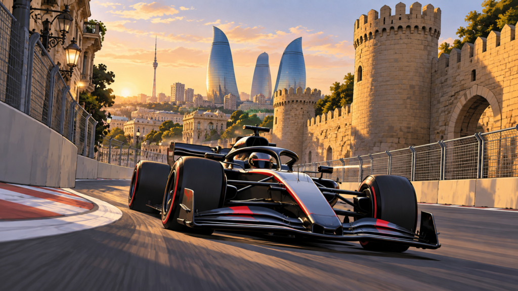 Editorial illustration of a Formula One car on Baku’s walled street circuit at sunset