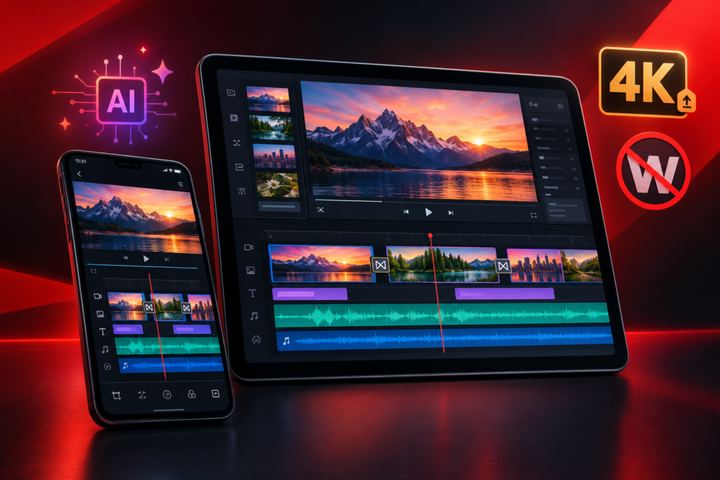 Conceptual illustration of video editing timelines on an Android phone and tablet with 4K, AI and no-watermark symbols.