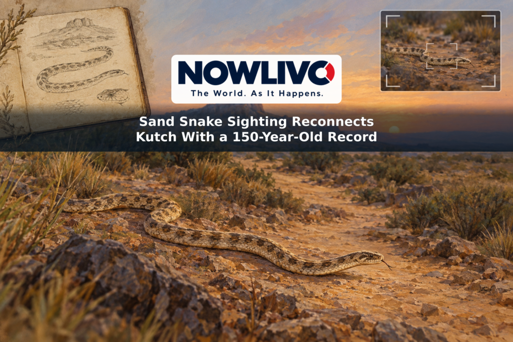 Illustration of a slender sand snake in Kutch’s dry scrubland, with a field notebook and camera motif representing the old record and recent sighting.