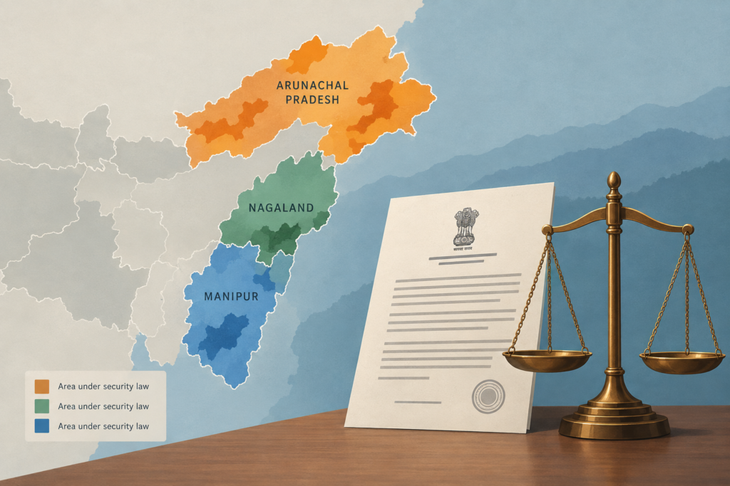 Editorial map illustration highlighting areas of Manipur, Nagaland and Arunachal Pradesh covered by the renewed AFSPA declarations.
