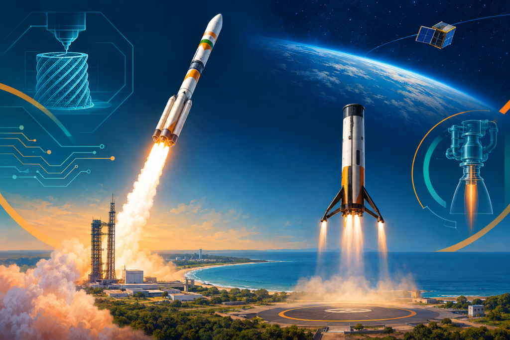 Conceptual illustration of a reusable Indian rocket ascending as another stage makes a controlled descent near a coastal launch site.