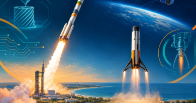 Conceptual illustration of a reusable Indian rocket ascending as another stage makes a controlled descent near a coastal launch site.