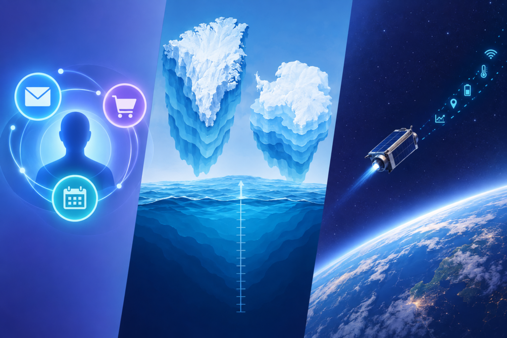 Conceptual illustration of an AI agent handling digital tasks, shrinking polar ice sheets and an autonomous spacecraft sending data toward Earth.