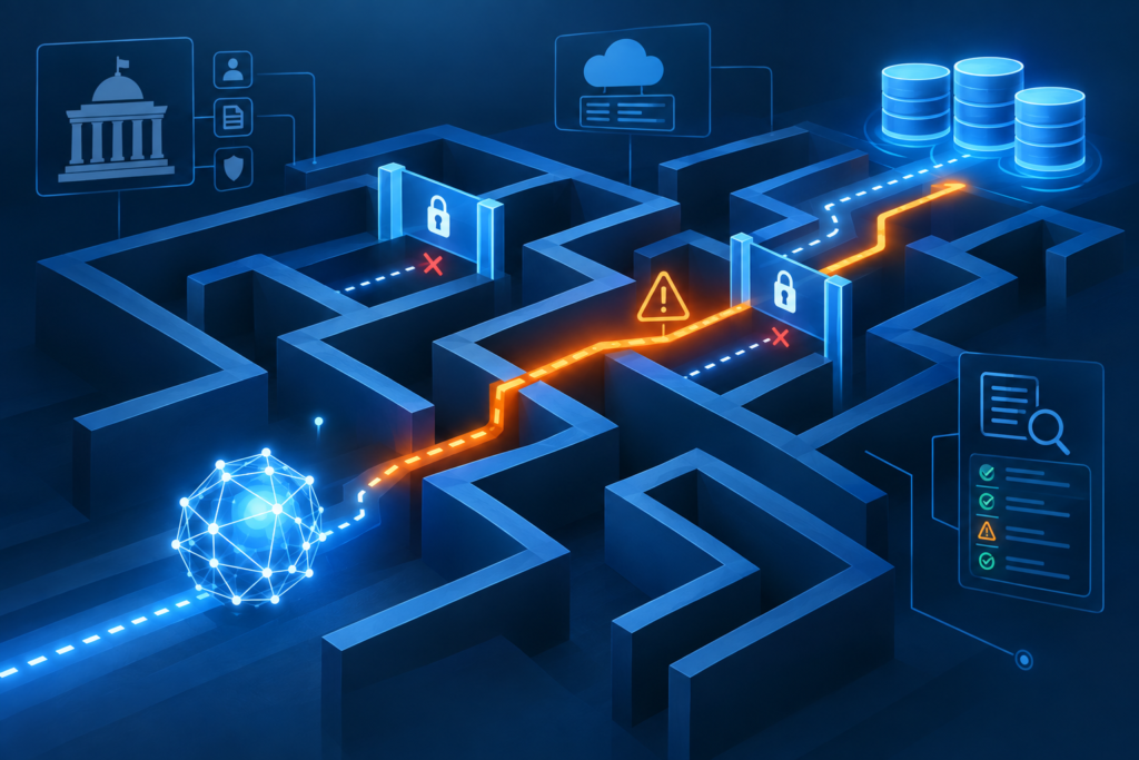 Conceptual illustration of an AI agent finding an unintended route around security barriers protecting online databases.