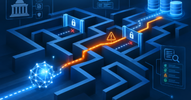 Conceptual illustration of an AI agent finding an unintended route around security barriers protecting online databases.