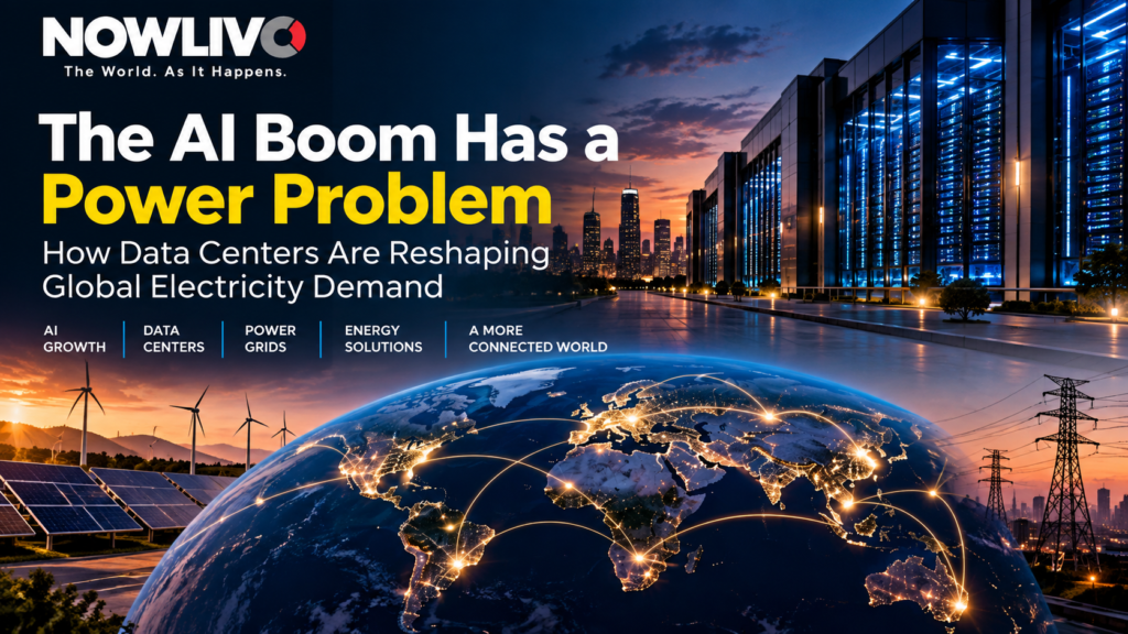 AI data centers, renewable energy and electricity grids illustrating the growing global power demand from artificial intelligence.