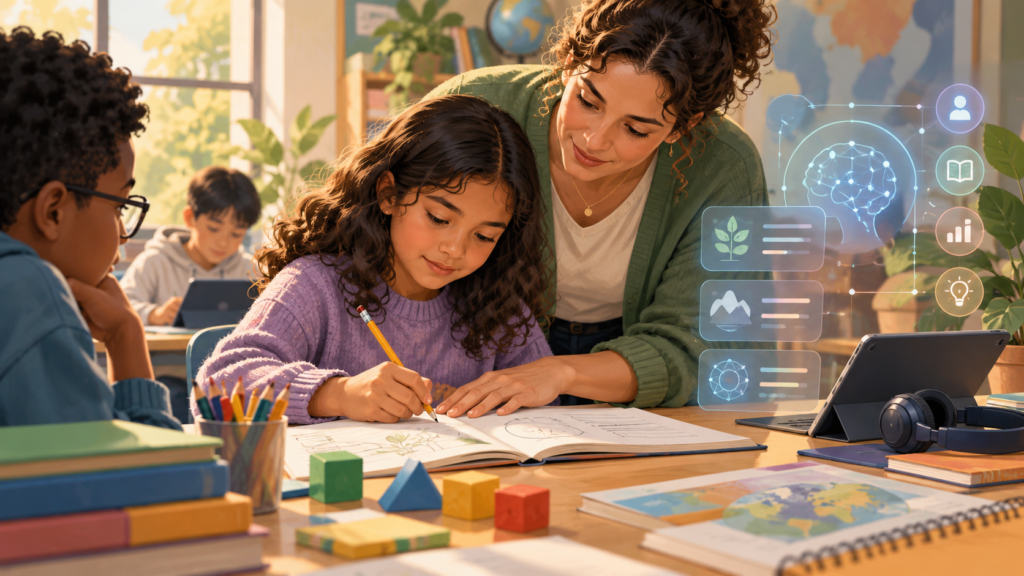 Editorial illustration of a teacher guiding a child writing at a classroom desk alongside an abstract AI interface