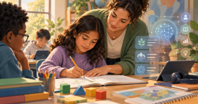 Editorial illustration of a teacher guiding a child writing at a classroom desk alongside an abstract AI interface