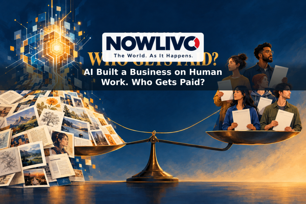 Conceptual illustration of an AI engine drawing on books, articles, photographs and art while creators hold payment and permission forms beneath the words “NOWLIVO” and “WHO GETS PAID?”