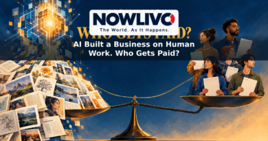 Conceptual illustration of an AI engine drawing on books, articles, photographs and art while creators hold payment and permission forms beneath the words “NOWLIVO” and “WHO GETS PAID?”