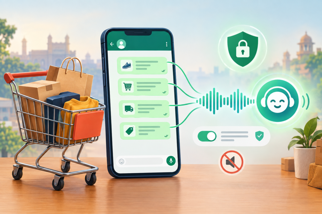 Illustration of an abandoned online shopping cart connected to automated messages and an AI voice call, with privacy and consent controls.