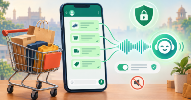 Illustration of an abandoned online shopping cart connected to automated messages and an AI voice call, with privacy and consent controls.