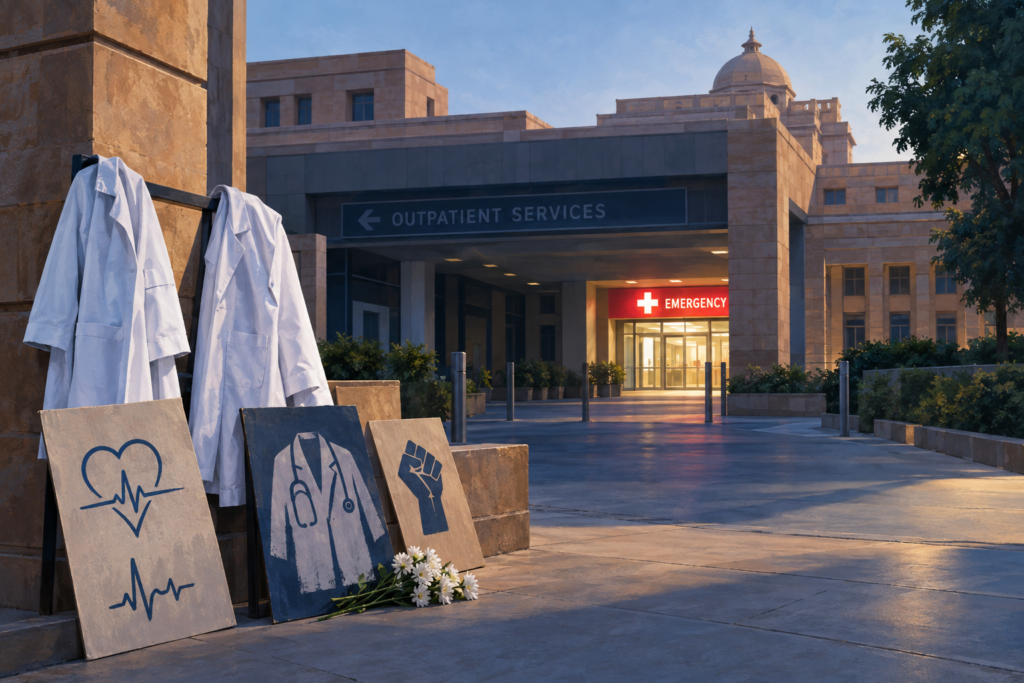 Conceptual illustration of a resident-doctor protest outside a Jodhpur hospital, with routine services dimmed and the emergency-care symbol illuminated.