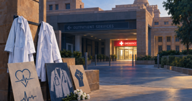 Conceptual illustration of a resident-doctor protest outside a Jodhpur hospital, with routine services dimmed and the emergency-care symbol illuminated.