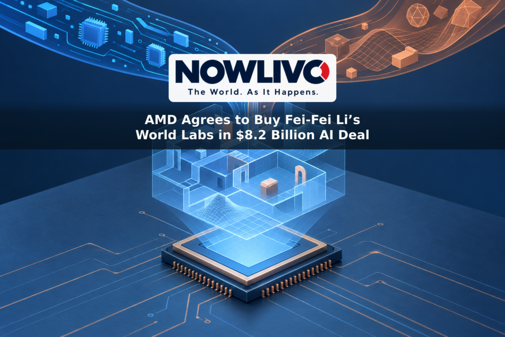Conceptual illustration of a computer chip projecting a geometric 3D environment, representing AMD’s proposed acquisition of World Labs.