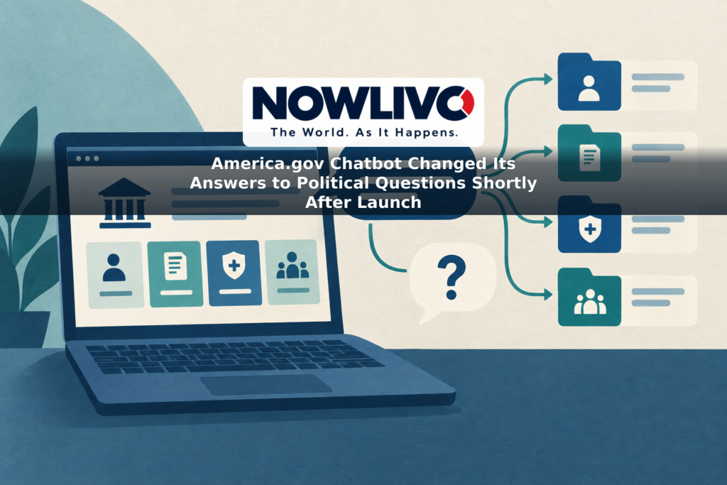 Illustration of a government services chatbot with one response leading to service folders and another turning into a question mark.