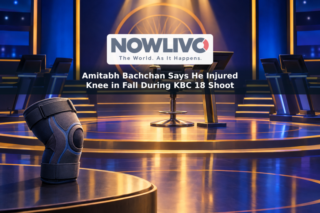 Conceptual illustration of an empty quiz-show stage with a host’s chair and a subtle knee-support motif.