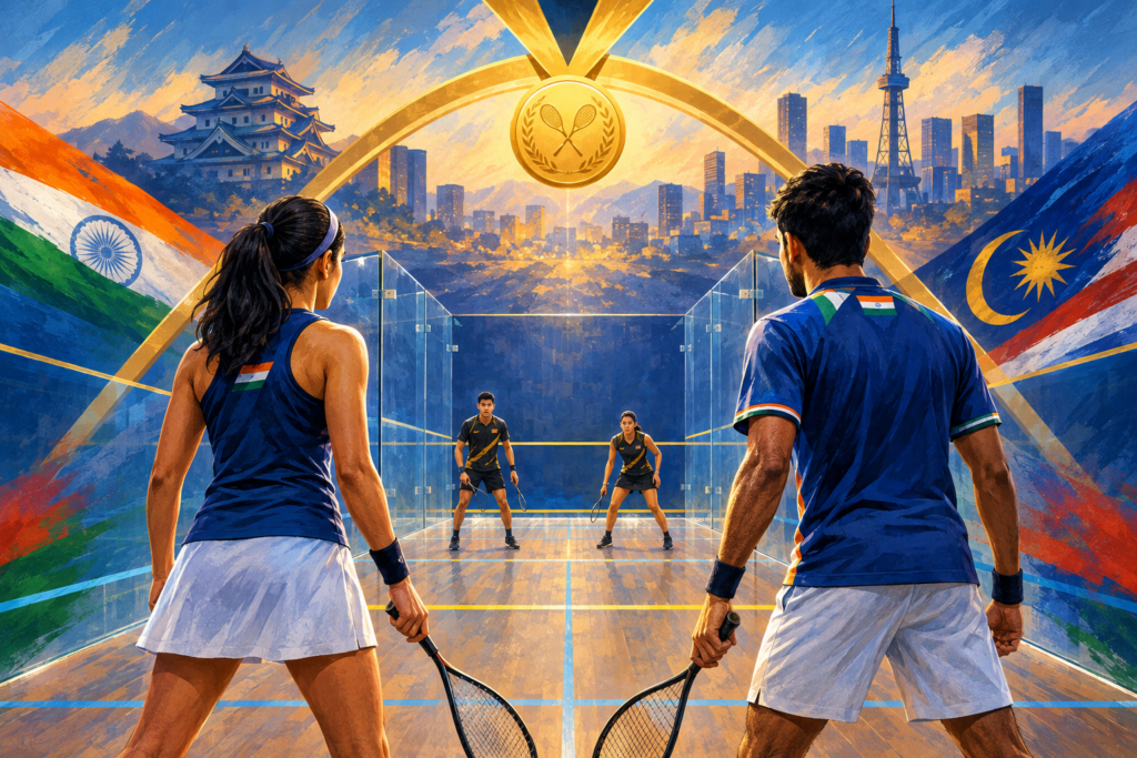 Illustration of Indian squash finalists Anahat Singh and Abhay Singh preparing for their Asian Games gold-medal matches against Malaysian opponents.