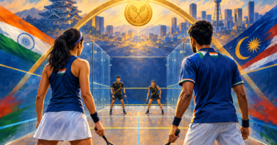 Illustration of Indian squash finalists Anahat Singh and Abhay Singh preparing for their Asian Games gold-medal matches against Malaysian opponents.