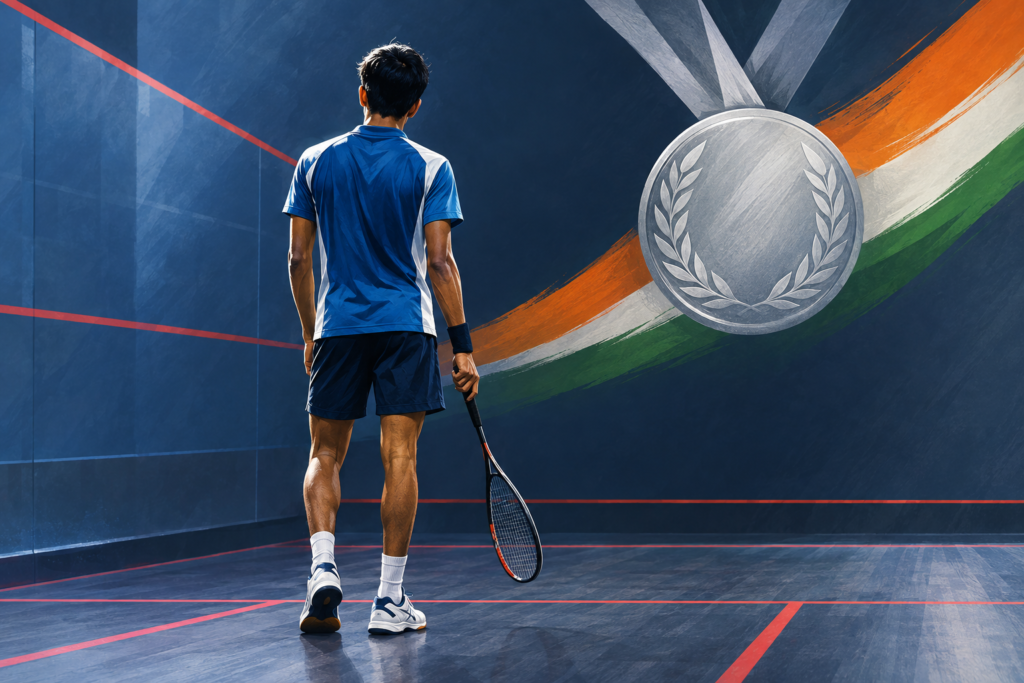 Illustration of a young Indian squash player on a stylized court beside a silver medal motif.