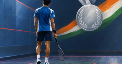 Illustration of a young Indian squash player on a stylized court beside a silver medal motif.