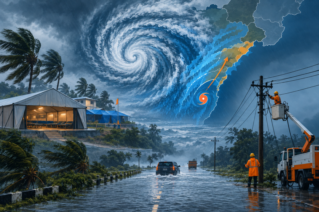 Editorial illustration showing a deep depression bringing heavy rain, flooding, evacuations and power repairs across coastal Andhra Pradesh and southern Odisha.