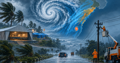Editorial illustration showing a deep depression bringing heavy rain, flooding, evacuations and power repairs across coastal Andhra Pradesh and southern Odisha.