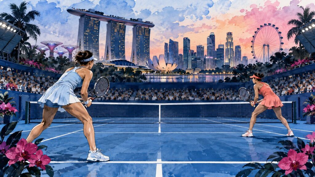 Editorial illustration of two tennis players across a Singapore hard court before a quarterfinal