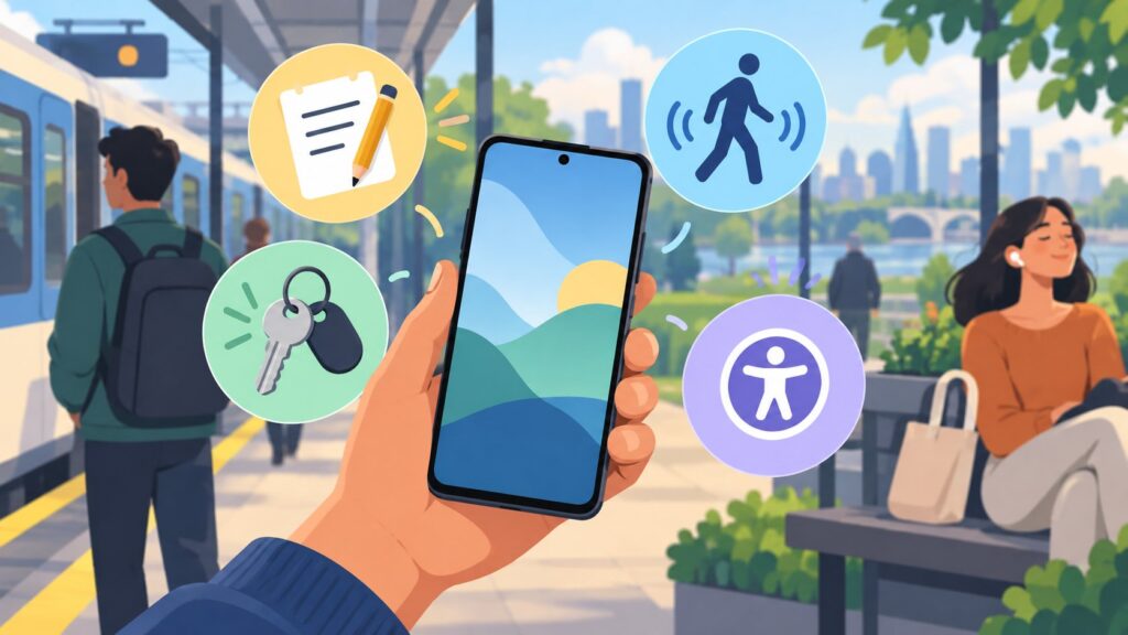 Editorial illustration of a smartphone with icons for notes, keys, accessibility and travel features