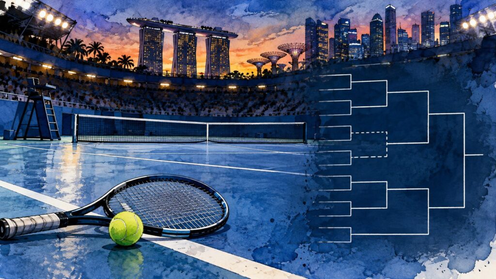 Illustration of an empty Singapore tennis court with a racket, ball and abstract draw bracket