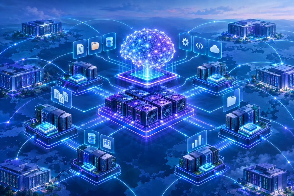 Conceptual illustration of distributed CPU servers, memory and cloud data centers supporting a central AI computing system.