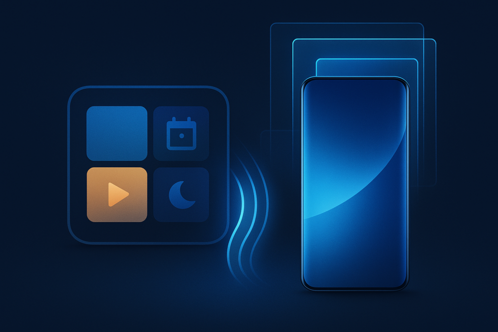Conceptual illustration of a square smart-home interface beside a futuristic near-borderless smartphone and layered OLED display components.