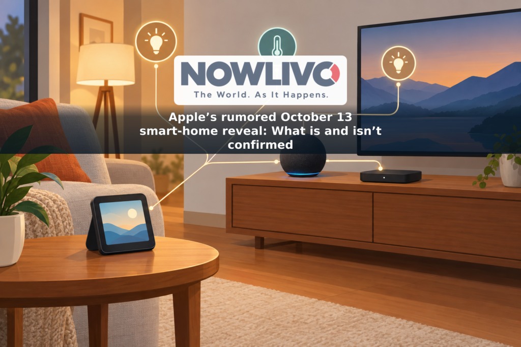 Conceptual illustration of a smart-home display, compact speaker and streaming box connected to household devices.