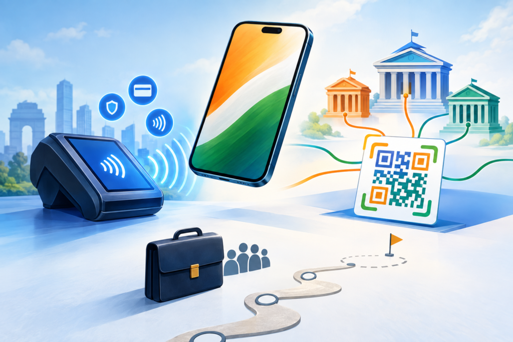 Illustration of a smartphone connecting to an NFC terminal and an abstract UPI QR network, with a briefcase symbolising payments hiring in India.