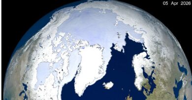 NASA visualization of Arctic sea ice extent on September 12, 2026, with the 1981–2010 average minimum outline