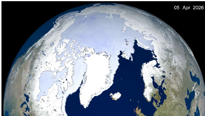 NASA visualization of Arctic sea ice extent on September 12, 2026, with the 1981–2010 average minimum outline
