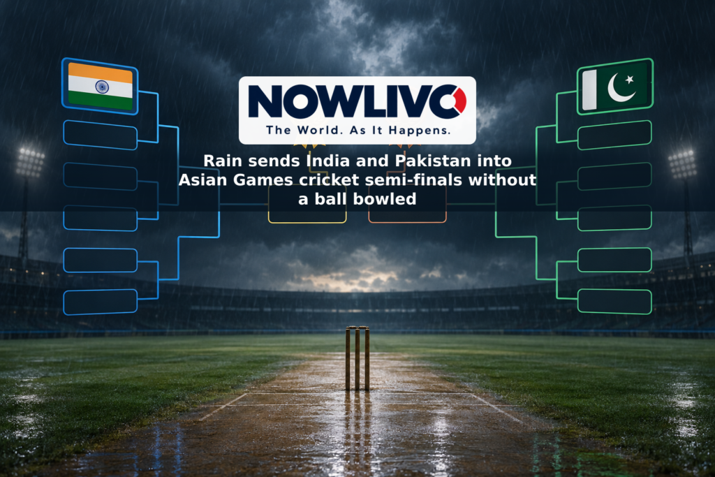 Illustrated rain-soaked cricket pitch and tournament bracket showing India and Pakistan advancing on separate paths toward possible medal matches.