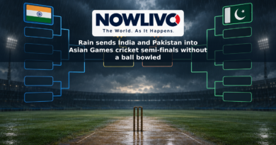 Illustrated rain-soaked cricket pitch and tournament bracket showing India and Pakistan advancing on separate paths toward possible medal matches.
