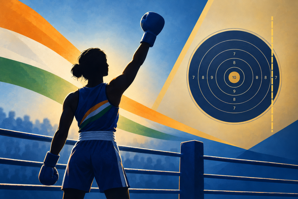Conceptual illustration of a boxer in a ring beside a pistol target, representing India’s contrasting Asian Games boxing and shooting results.