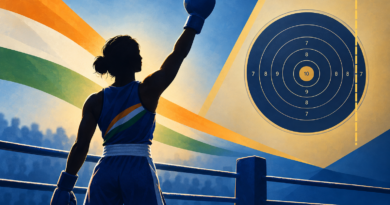 Conceptual illustration of a boxer in a ring beside a pistol target, representing India’s contrasting Asian Games boxing and shooting results.