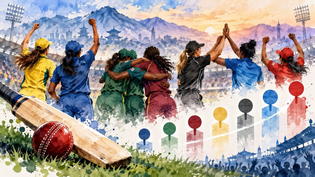 Editorial illustration of women cricketers and abstract rising ranking markers