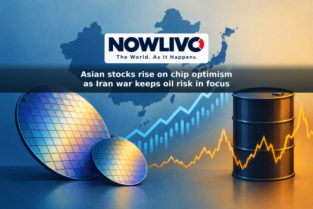 Conceptual illustration of rising Asian market lines and computer chips alongside an oil barrel symbol and a fluctuating energy-price line.