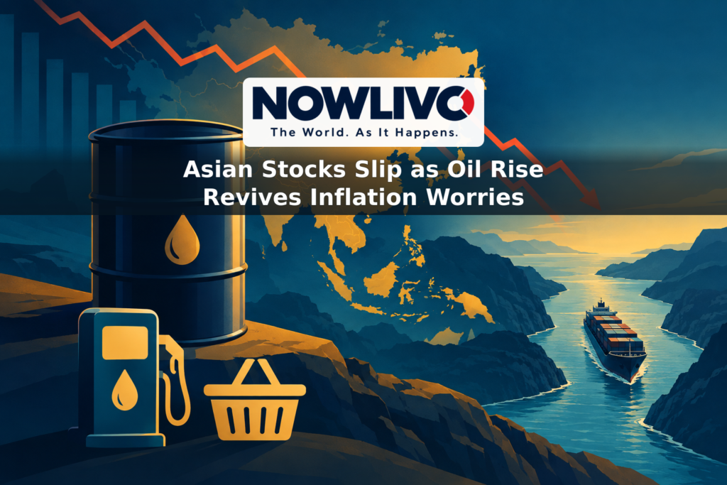 Illustration of falling market lines over a map of Asia, with an oil barrel, shipping passage, fuel pump and shopping basket.
