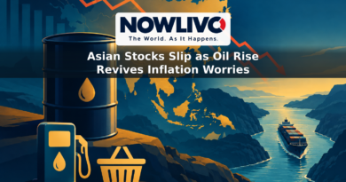 Illustration of falling market lines over a map of Asia, with an oil barrel, shipping passage, fuel pump and shopping basket.