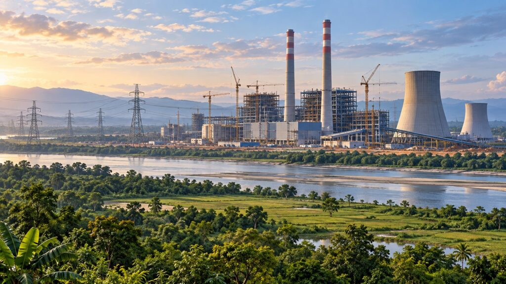 Conceptual editorial illustration of a planned power station near a green river plain
