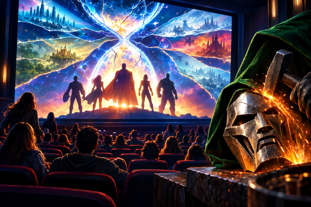 Conceptual illustration of Marvel fans watching a superhero film as branching timelines and a forged metal mask symbolize the new Endgame Encore footage.
