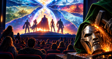 Conceptual illustration of Marvel fans watching a superhero film as branching timelines and a forged metal mask symbolize the new Endgame Encore footage.