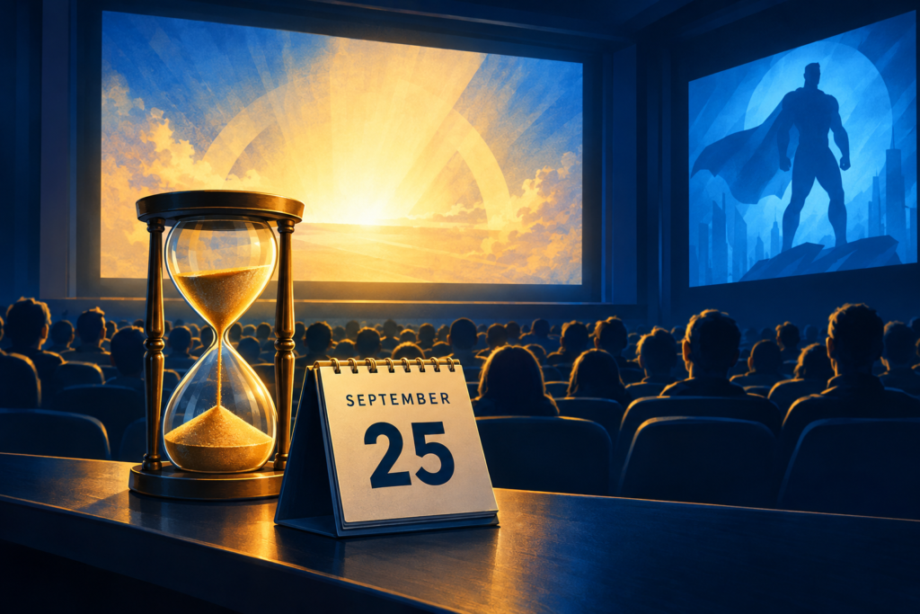 Illustration of an audience facing a glowing cinema screen, with an hourglass and a September 25 calendar suggesting a film’s return to theatres.
