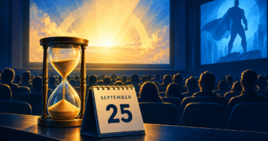 Illustration of an audience facing a glowing cinema screen, with an hourglass and a September 25 calendar suggesting a film’s return to theatres.